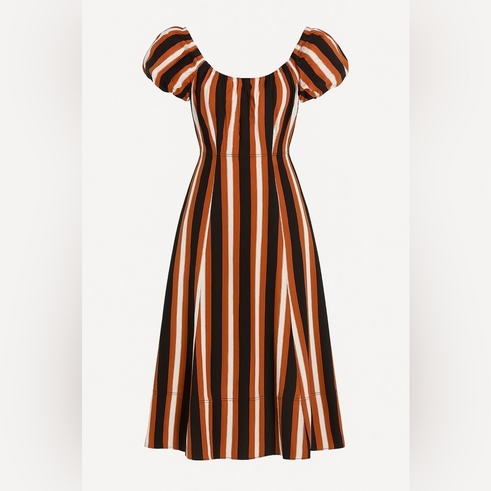 Tanya Taylor puff shoulder midi dress belted brown black white vertical stripes